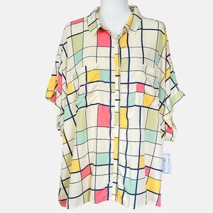 LuLaRoe Amy Dolman Button Up Top - Pastel Cubist Print - 2XL